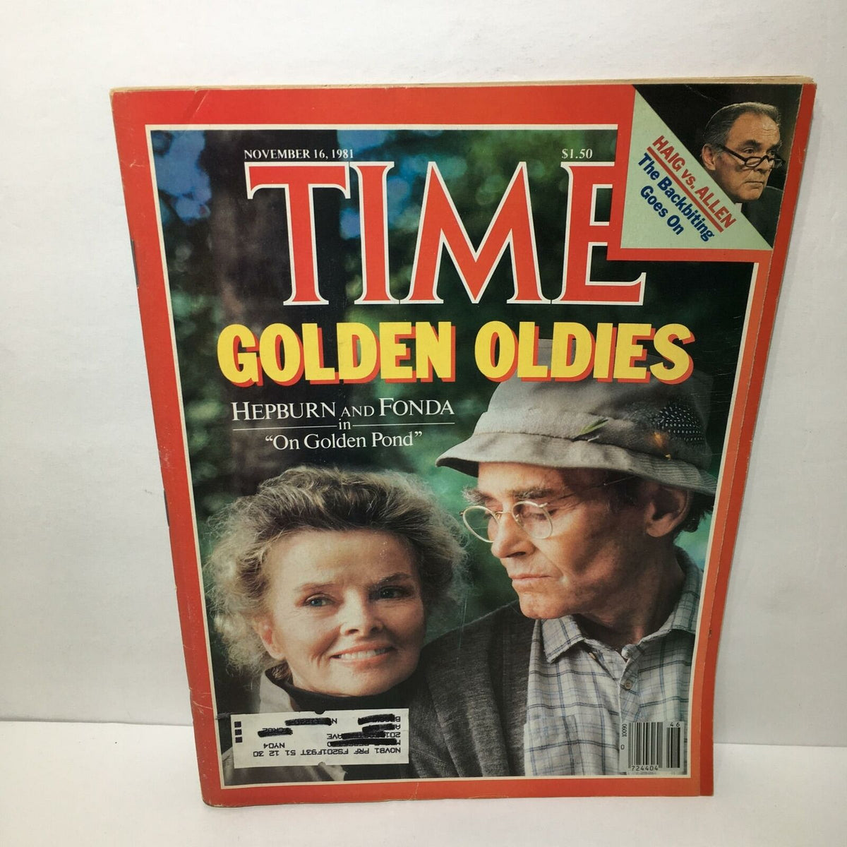Time Magazine cover from November 16, 1981 featuring Golden Oldies with Katherine Hepburn and Jane Fonda in "On Golden Pond" highlight. Vintage magazine collectible.