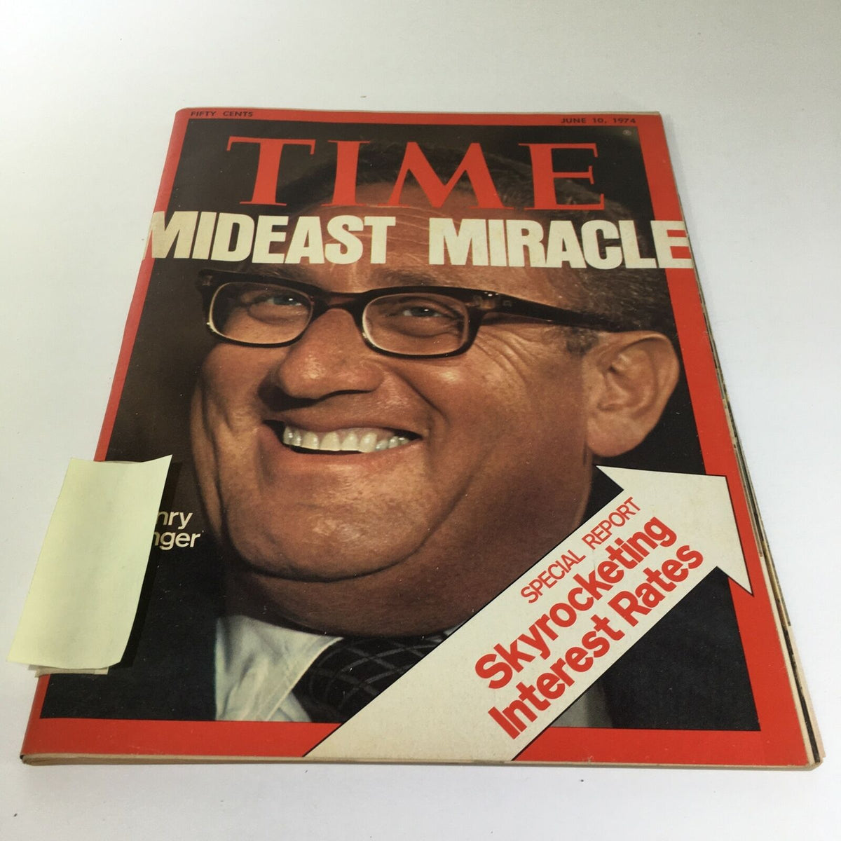 Cover of Time Magazine from June 10, 1974, featuring the title 'Mideast Miracle & Skyrocketing Interest Rates' with a close-up of a smiling figure, capturing a pivotal moment in history.