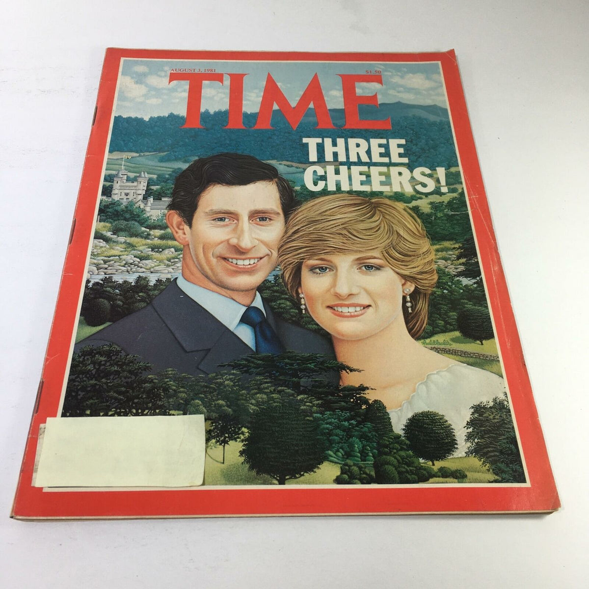 Vintage Time Magazine from August 3, 1981 featuring Charles and Diana on the cover with the headline 'Three Cheers!'. A charming depiction of the royal couple set against a lush landscape.