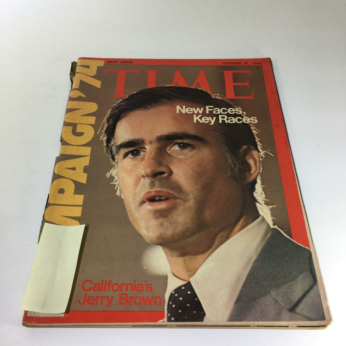 Time Magazine cover from October 21, 1974, featuring the title 'Jerry Brown: New Faces, Key Races' with an image of Jerry Brown. This vintage magazine is a collectible item reflecting historical political trends in the United States.