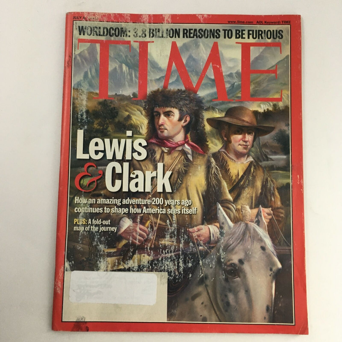 Time Magazine July 8, 2002 cover featuring Lewis & Clark, highlighting their adventure 200 years ago, with a backdrop of mountains and the explorers depicted in historical attire.