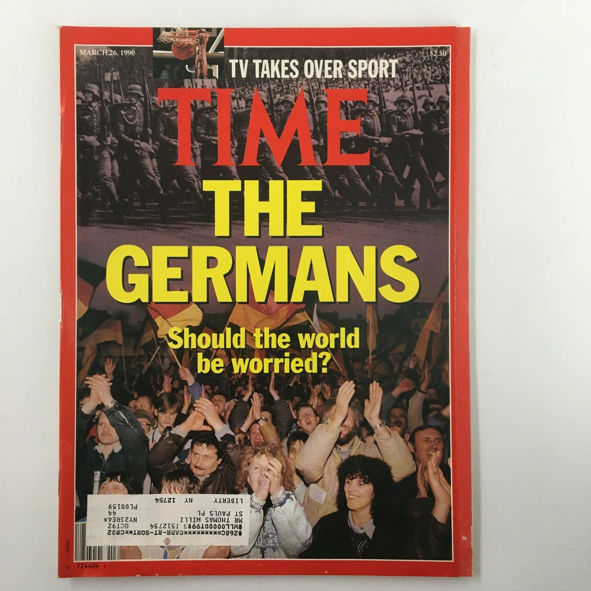 Cover of Time Magazine March 26 1990 featuring a vibrant headline 'THE GERMANS' and subheading 'Should the world be worried?'. The image depicts a crowd of people holding flags amidst a significant historical context, representing the German influence in sports and media during that era.