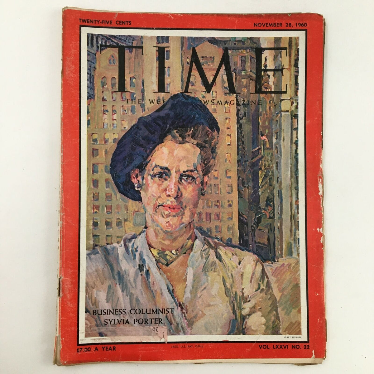 Cover of Time Magazine from November 28, 1960, featuring business columnist Sylvia Porter, volume 76, number 22, showcasing artistic portrait and vintage design.