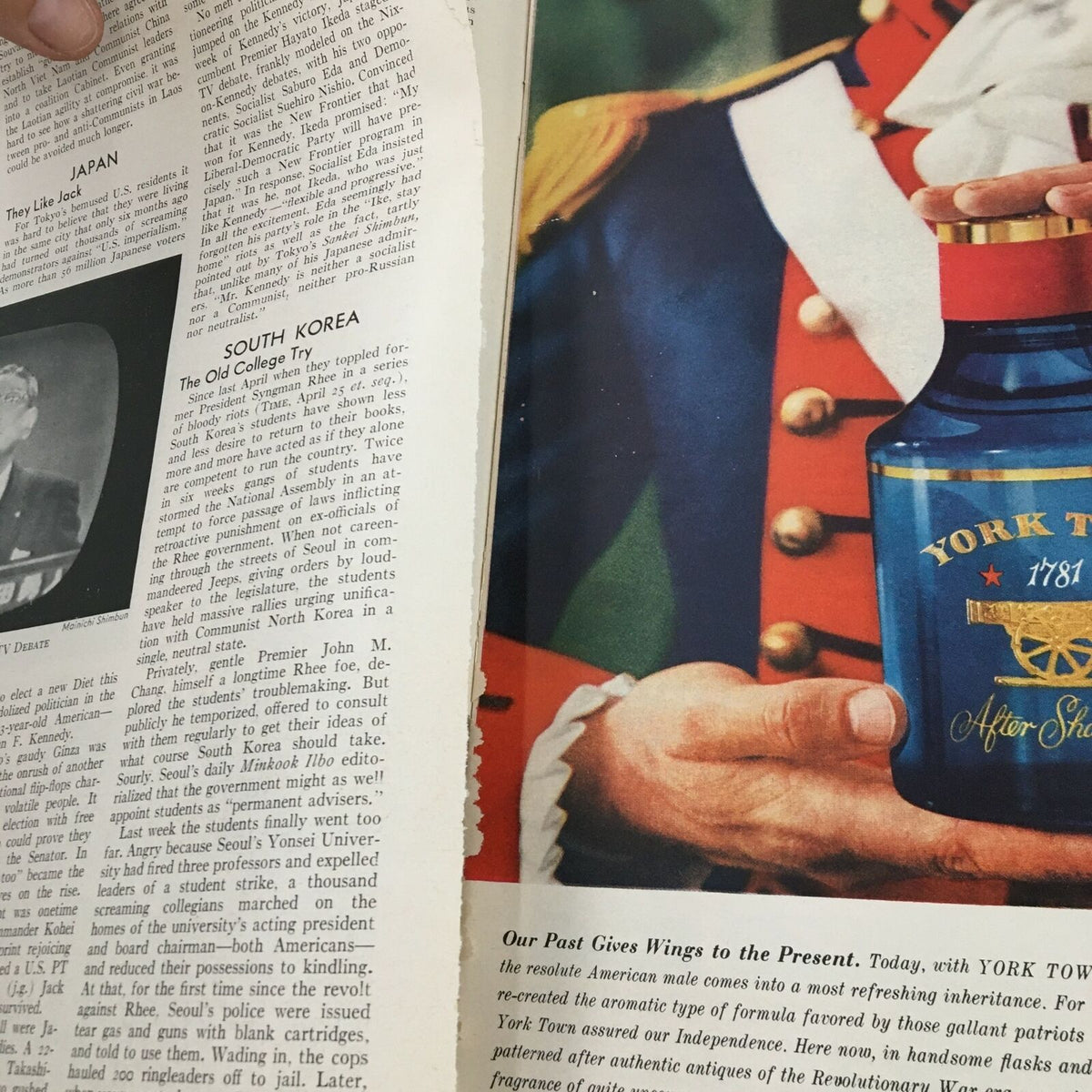 Inside page of Time Magazine from November 28, 1960, featuring articles on South Korea and Japan, reflecting the historical context of the era.