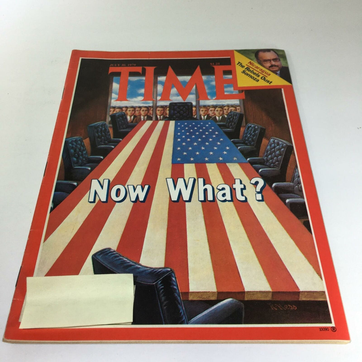 Cover of Time Magazine from July 30, 1979, featuring a large American flag tabletop and the title 'Now What?' highlighting political themes alongside the article about Nicaragua's rebels ousting Somoza.