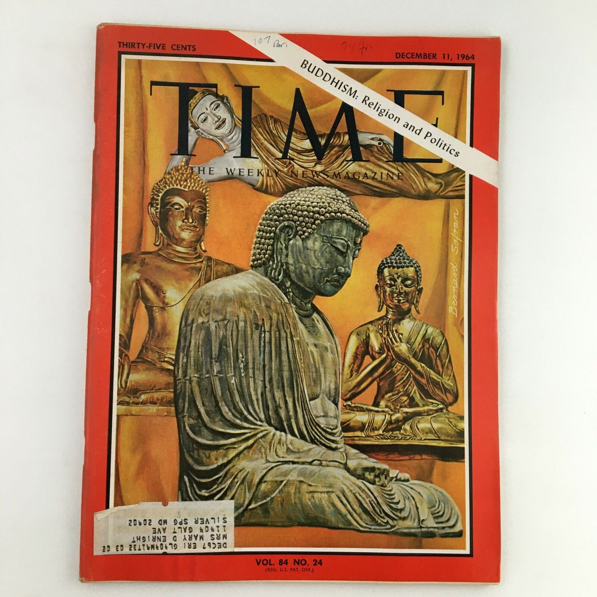 Cover of Time Magazine from December 11, 1964, Volume 84, Number 24, featuring the theme 'Buddhism in Religion and Politics' with illustrations of Buddha statues.