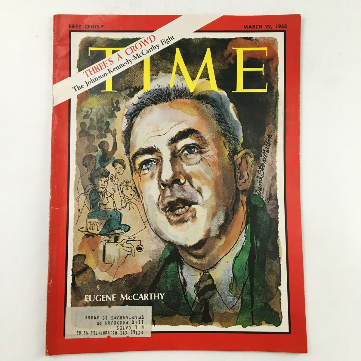 Cover of Time Magazine dated March 22, 1968, featuring politician Eugene McCarthy, showcasing a colorful illustration and a headline about the Johnson-Kennedy-McCarthy fight.