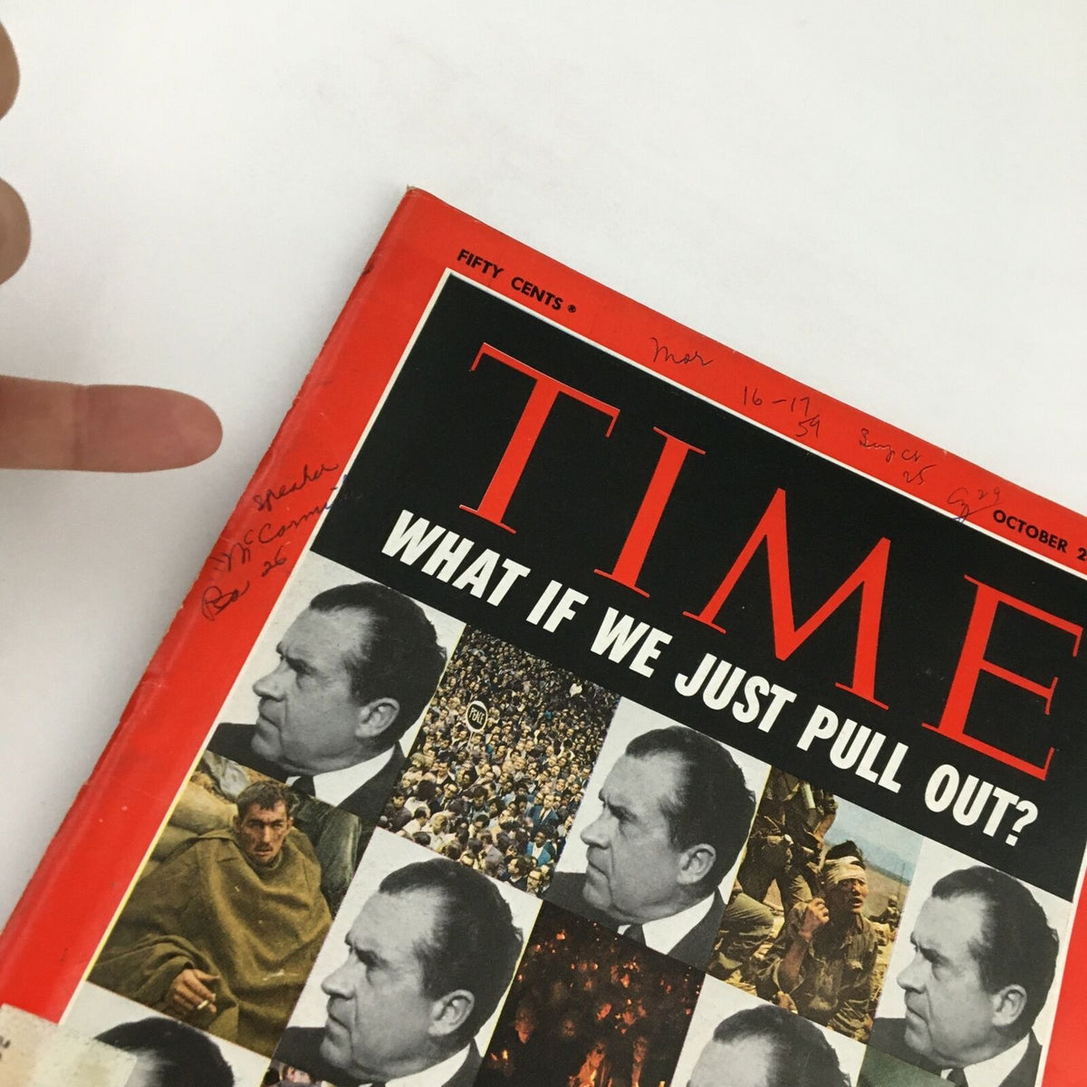 Close-up view of the Time Magazine cover from October 24, 1969, highlighting Richard Nixon with the text 'What if We Just Pull Out?', featuring handwritten notes and vintage aesthetics.