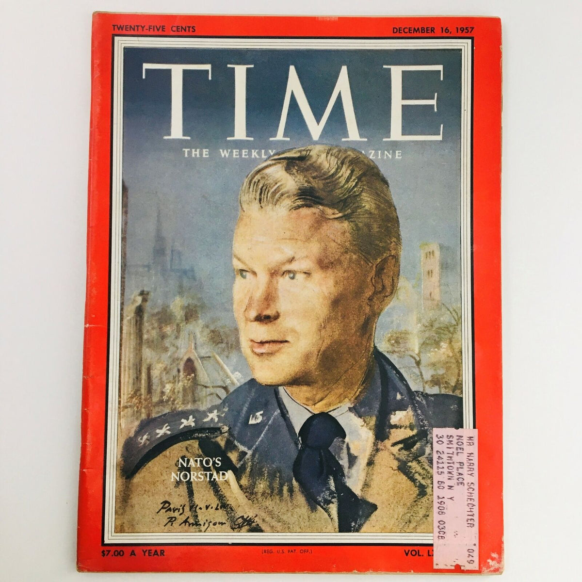 Cover of Time Magazine December 16, 1957, Vol 70 #25 featuring NATO's General Lauris Norstad, showcasing a vintage illustration and historical significance from the Cold War era.