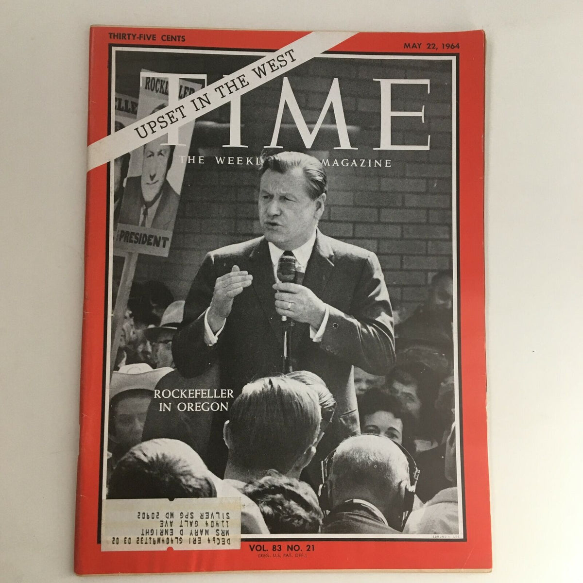 Time Magazine May 22 1964 Vol. 83 No. 21 featuring Nelson Rockefeller speaking at a political event in Oregon, showcasing historical American culture and politics of the 1960s.