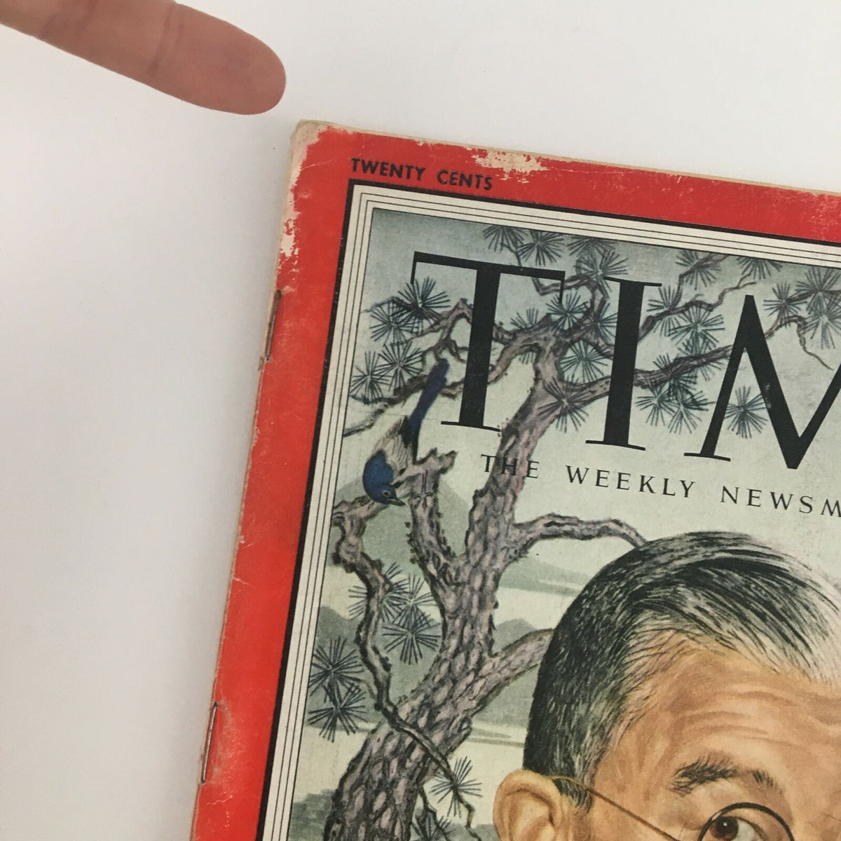 Close-up of the top edge of Time Magazine, March 14, 1955, showing wear and the title prominently displayed, featuring Japan's Premiere Ichirō Hatoyama.