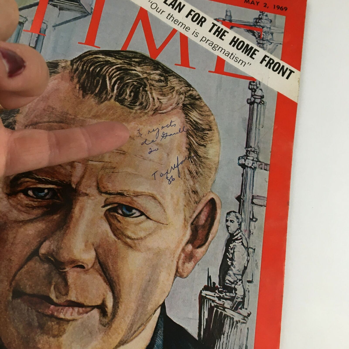 Close-up of the Time Magazine cover from May 2, 1969, showing HEW Secretary Robert Finch with handwritten notes, illustrating the magazine's vintage character.