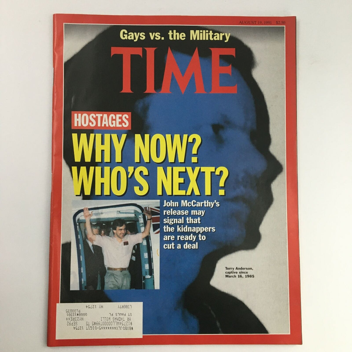 Time Magazine cover from August 19, 1991, featuring the title 'Hostages: Why Now? Who's Next?' with an image of John McCarthy's release. This edition discusses the implications of terrorism and includes mentions of Terry Anderson, a hostage held since March 1985.