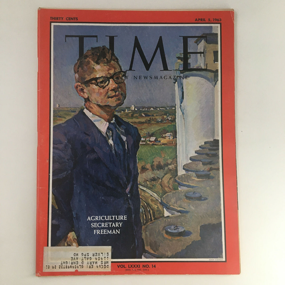 Time Magazine April 5 1963, Volume 81, No. 14 featuring Agriculture Secretary Orville Freeman on the cover, showcasing historical architecture and design.
