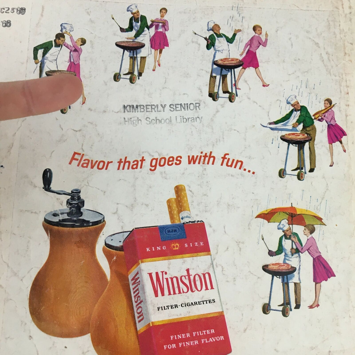 Cover of Time Magazine from September 18, 1964 featuring illustrations related to grilling and Winston cigarettes, showcasing characters in retro attire and a high school library stamp.