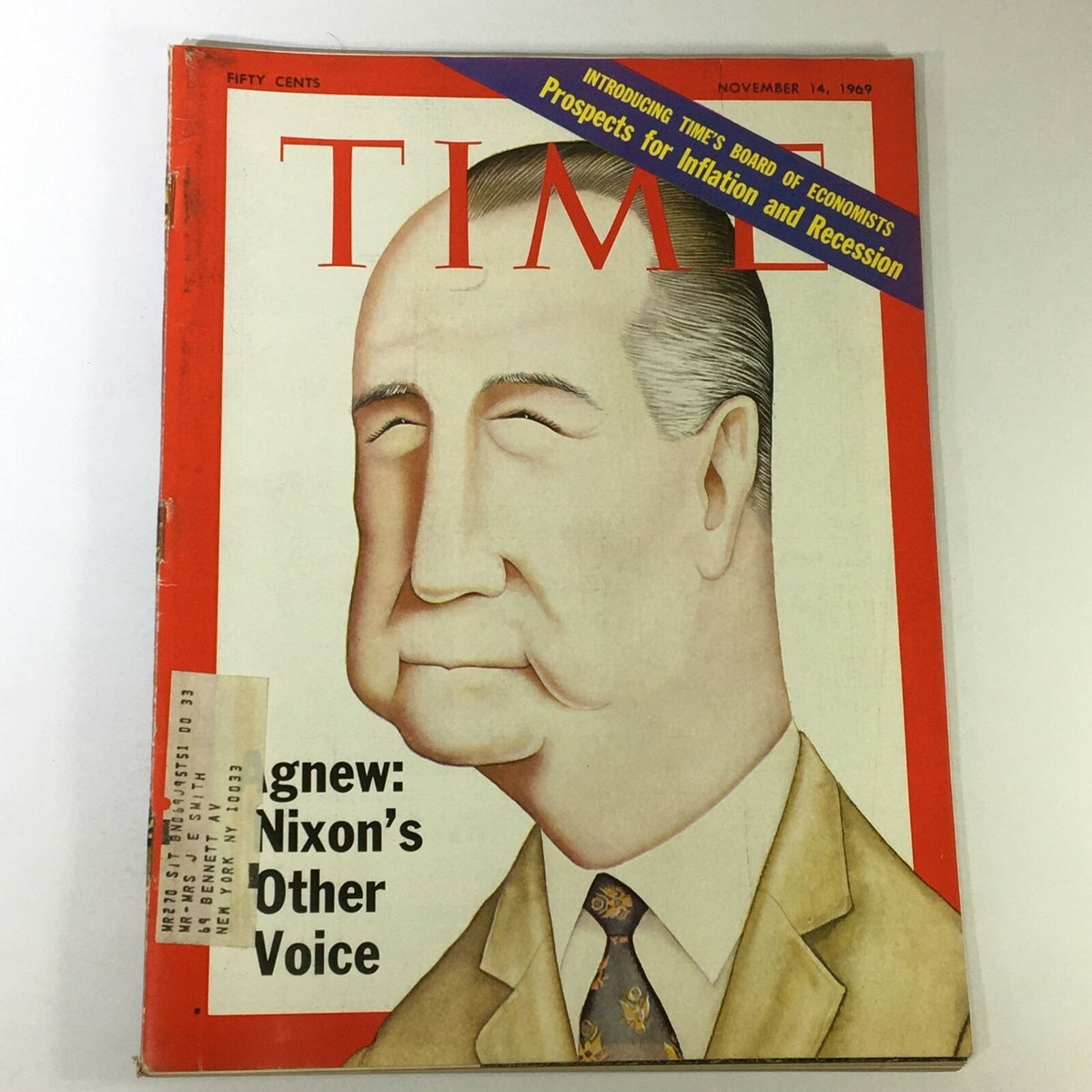 Vintage Time Magazine from November 14, 1969, featuring a caricature of Spiro Agnew with the title 'Agnew: Nixon's Other Voice', showcasing a significant historical period in U.S. politics.