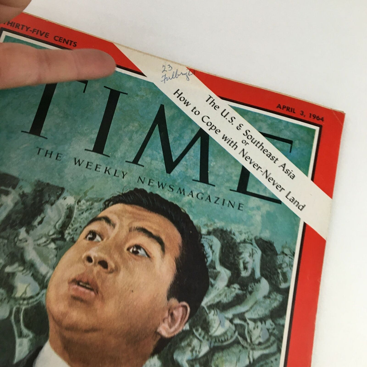 Detailed view of the Time Magazine cover from April 3, 1964, focusing on the headline about Cambodia's Prince Sihanouk and U.S. relations in Southeast Asia.