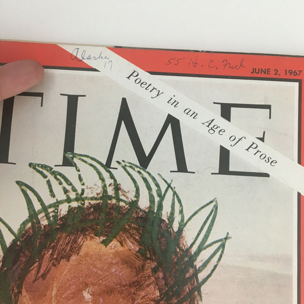 Close-up view of the Time Magazine cover from June 2, 1967, showcasing the headline 'Poetry in an Age of Prose' and hand-written notes.