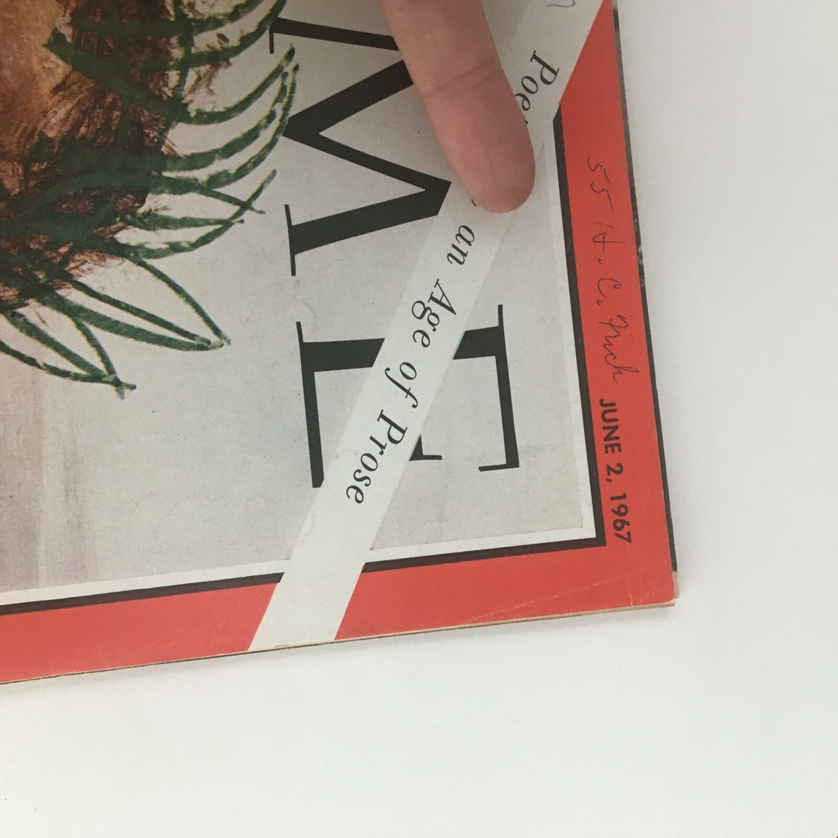 Detailed shot of the Time Magazine cover from June 2, 1967, highlighting the title 'Poetry in an Age of Prose' and handwritten annotations.