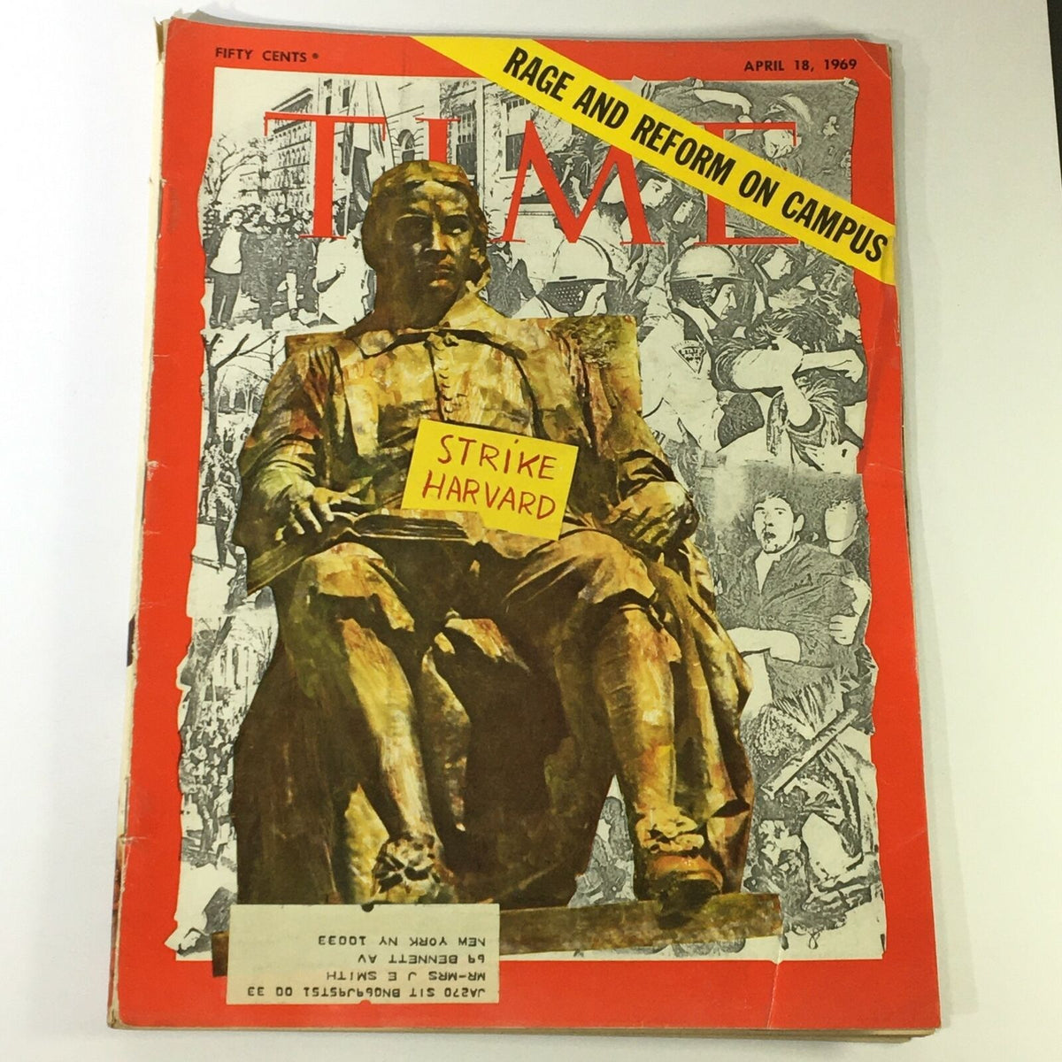 Front cover of the April 18, 1969, Time Magazine titled 'Rage and Reform on Campus', showcasing a depiction of campus protests and the Harvard strike with a striking red background.