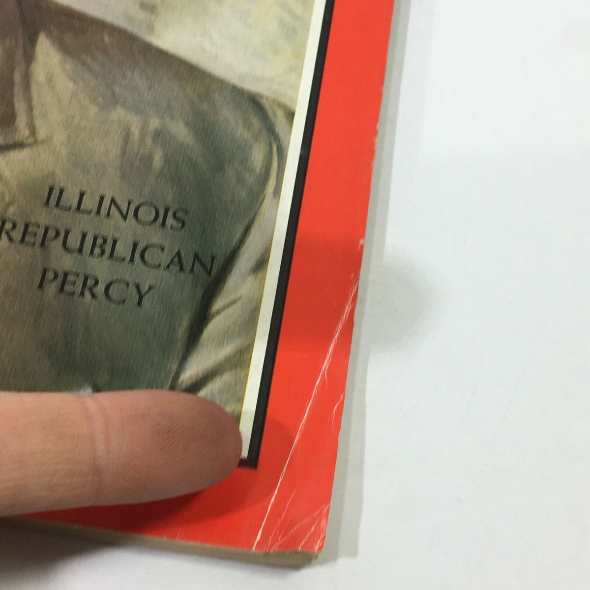 Close-up of the corner of the VTG Time Magazine September 18 1964 featuring Illinois Republican Charles H. Percy, highlighting minor wear on the cover.