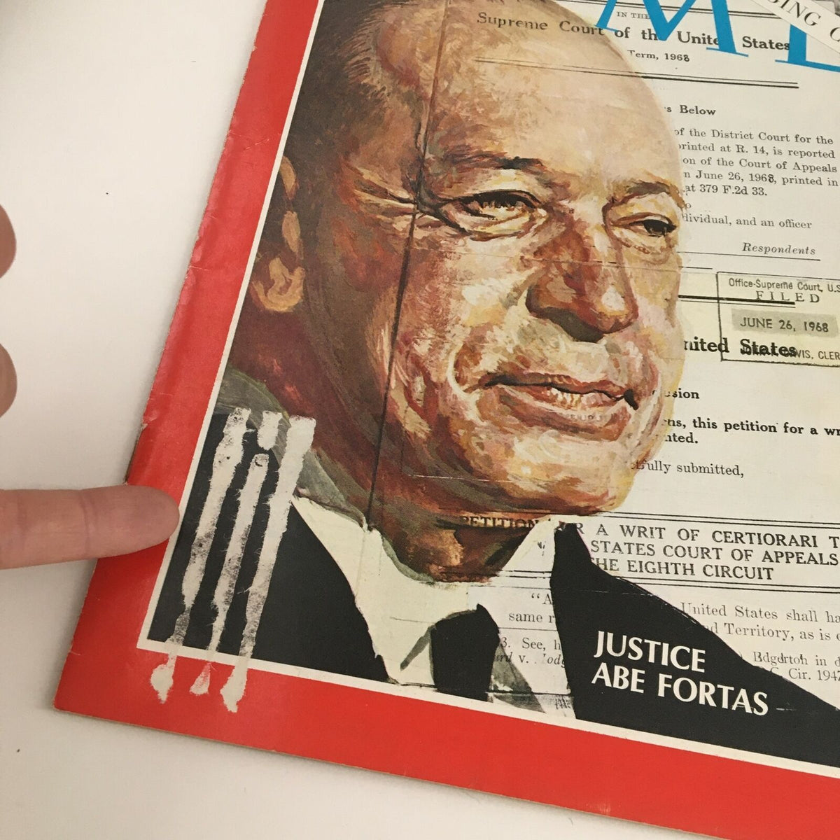 Close-up of the Time Magazine July 5, 1968 cover showing Justice Abe Fortas, highlighting the text 'Justice Abe Fortas' and distinct cover art.