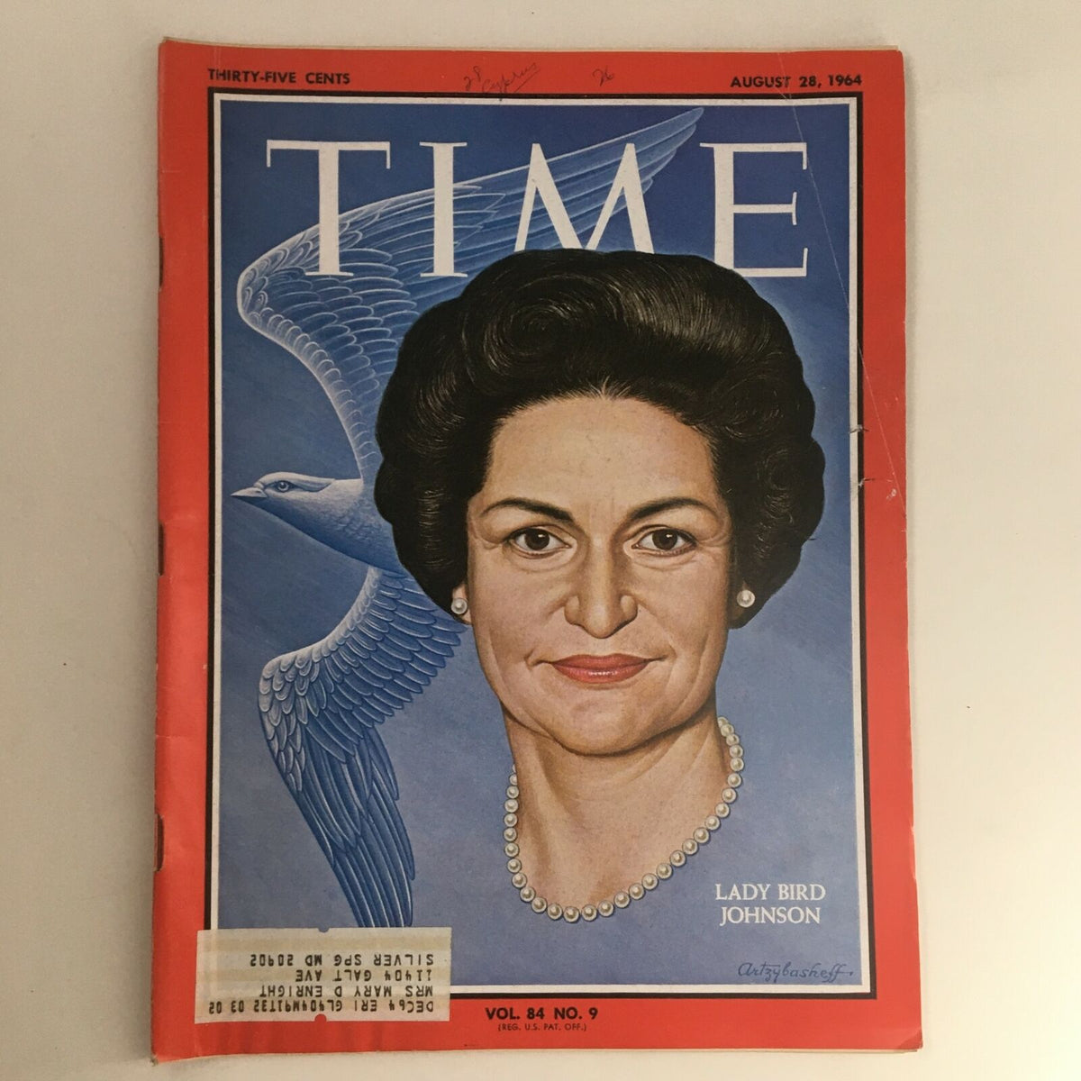 Cover of Time Magazine dated August 28, 1964, featuring Claudia Alta 'Lady Bird' Johnson, Volume 84, No. 9, with a vibrant blue and red design.