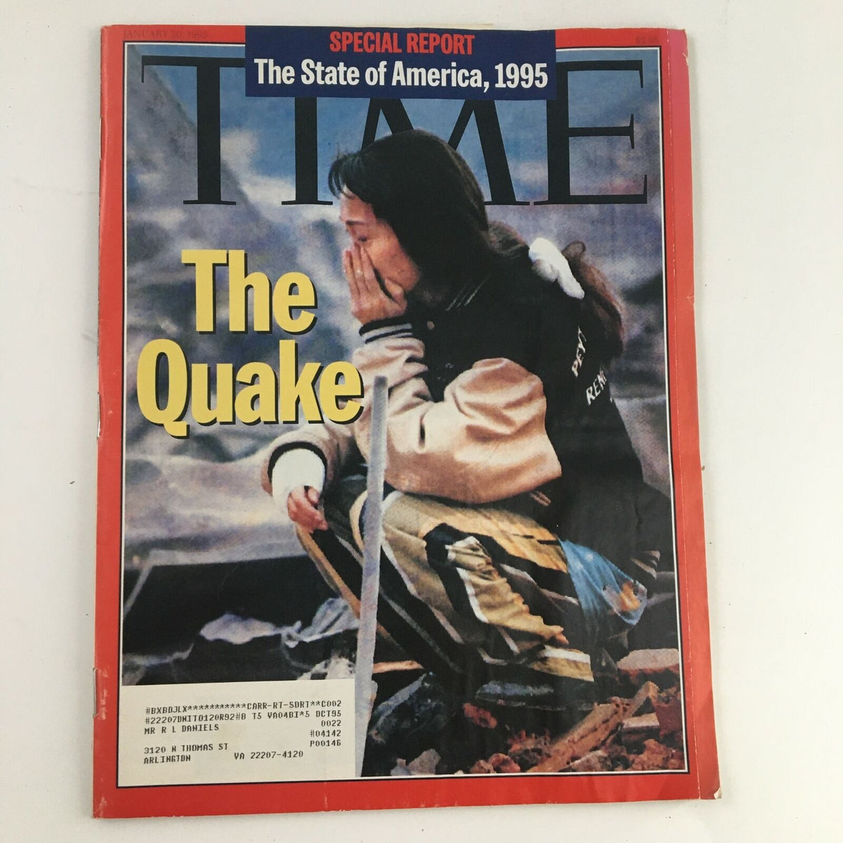 Time Magazine Cover from January 30, 1995, featuring the headline 'The Quake' as part of the special report on 'The State of America, 1995'. The cover depicts a woman in reflective thought amidst a backdrop of devastation.