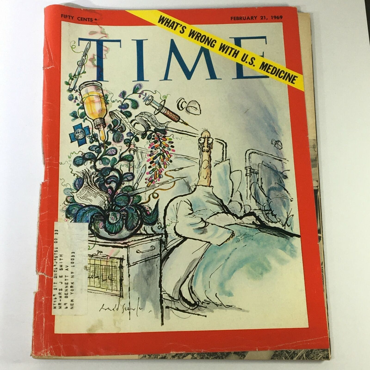 Front cover of vintage Time Magazine from February 21, 1969, featuring the title 'What's Wrong with U.S. Medicine' with artistic illustrations related to healthcare.