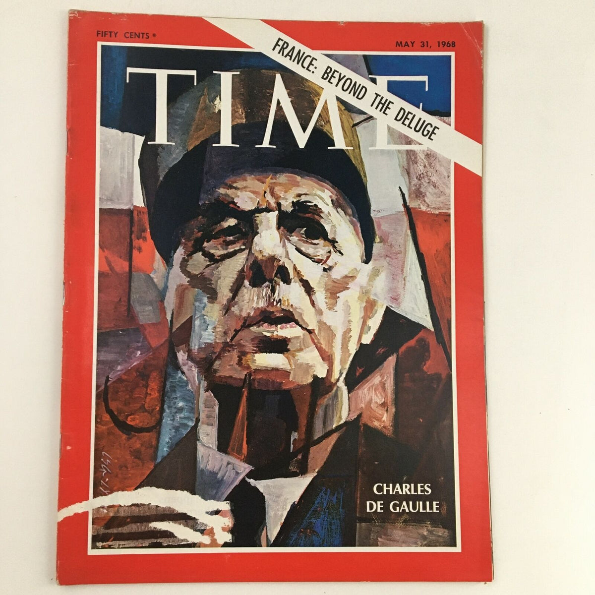 Vintage Time Magazine cover from May 31, 1968, featuring President Charles de Gaulle with the headline 'France: Beyond the Deluge'. The cover showcases a striking artistic portrayal of de Gaulle against a colorful background, ideal for collectors.