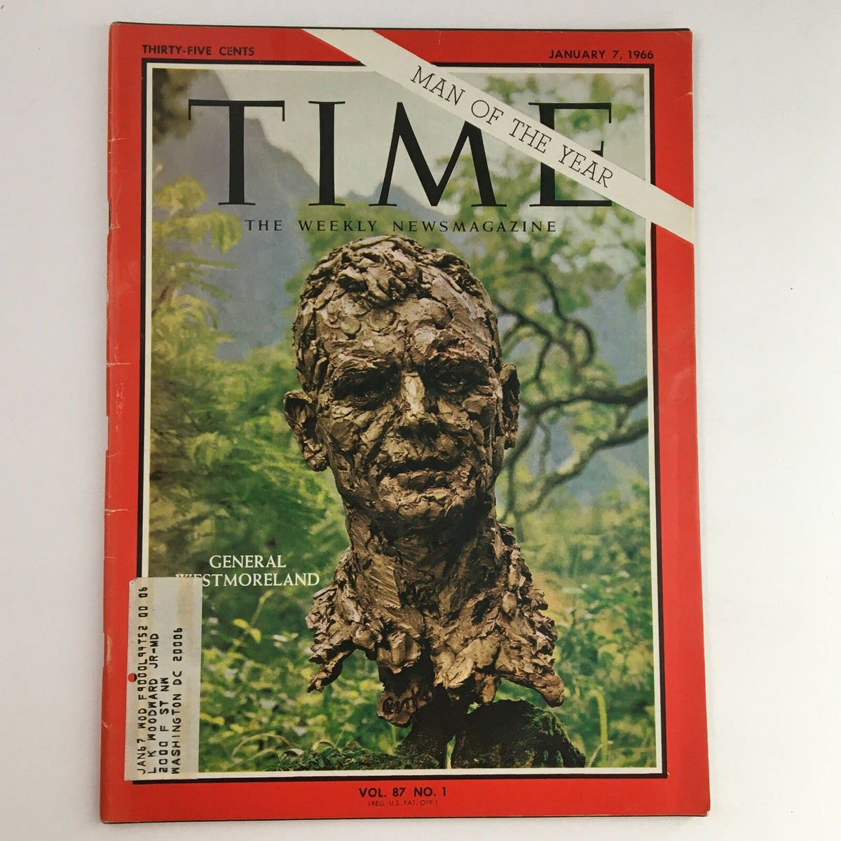 Time Magazine January 7 1966, Volume 87, No. 1 featuring a cover image of General William Westmoreland, highlighting his significance in American military history.