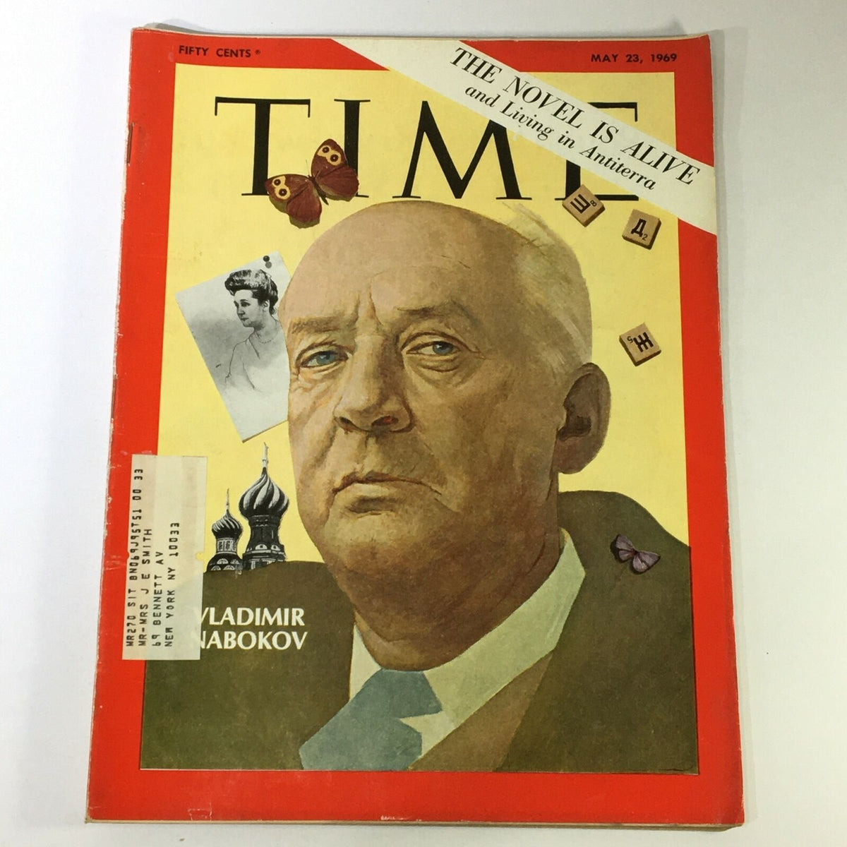 Vintage Time Magazine from May 23, 1969 featuring Vladimir Nabokov on the cover with the title 'The Novel is Alive'. The magazine showcases a portrait of Nabokov, accompanied by cultural symbols of the era.