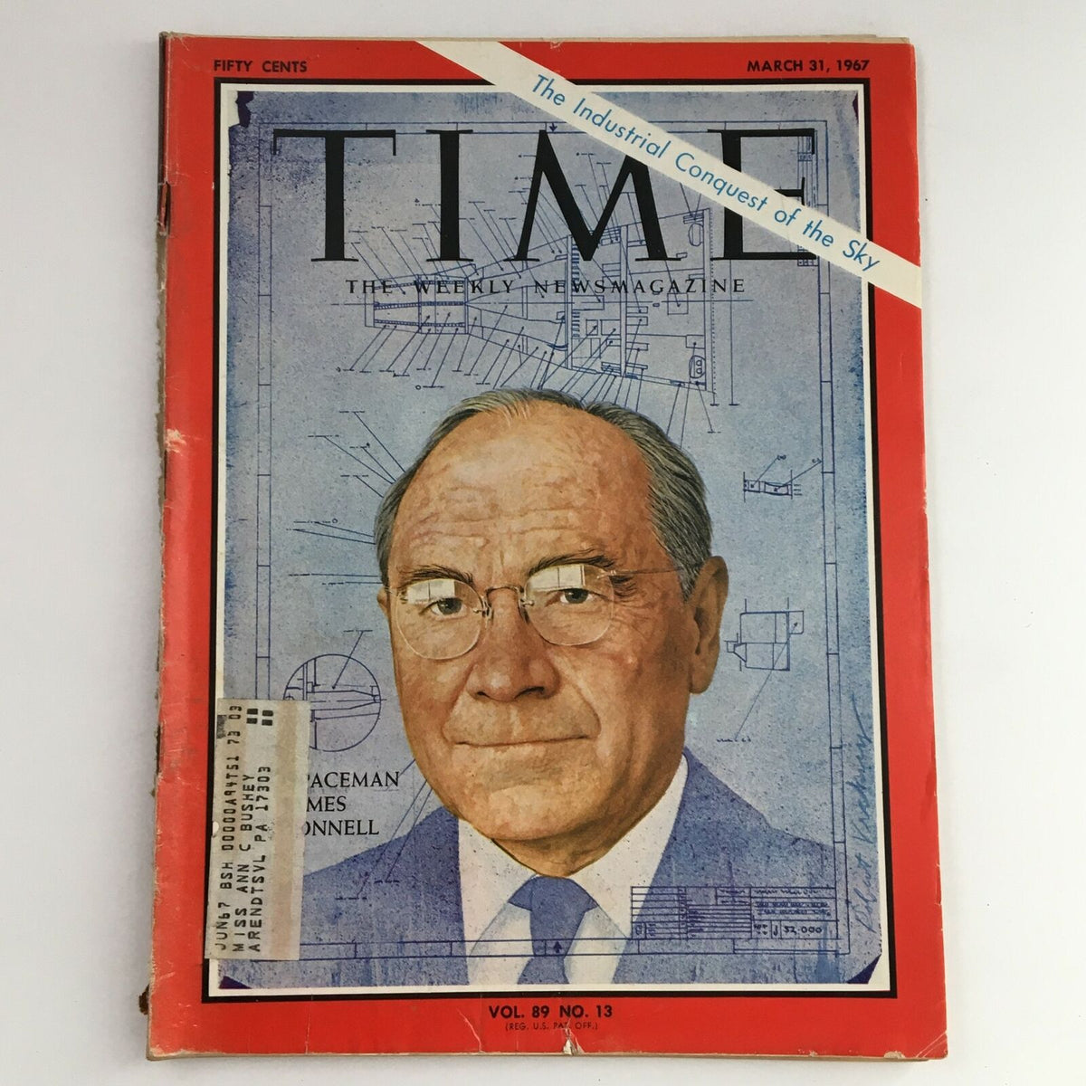 Cover of Time Magazine from March 31, 1967, Vol. 89 No. 13 featuring Spaceman James Smith McDonnell, showcasing aerospace advancements with a portrait and blueprint background.