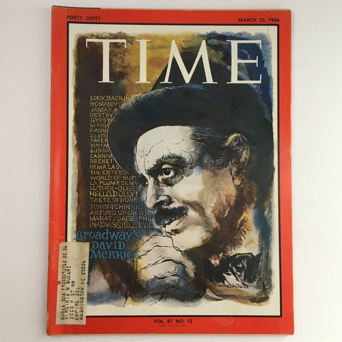 Cover of Time Magazine dated March 25, 1966, featuring Broadway's David Merrick. The cover displays an artistic portrait of Merrick alongside column text, capturing the essence of mid-20th century Broadway culture.