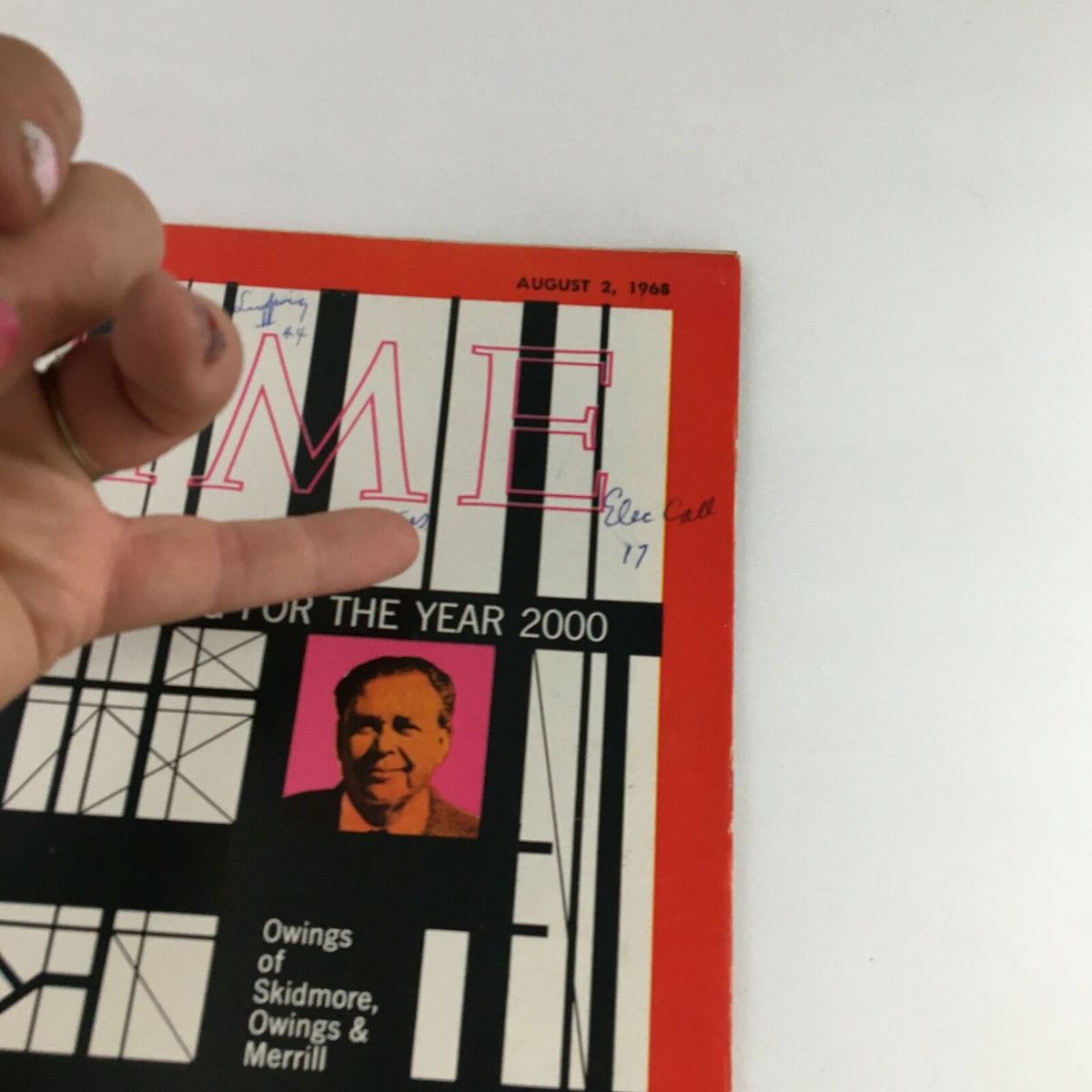 Close-up of the cover of Time Magazine August 2, 1968, with visible hand annotations, showcasing Nathaniel Owings of SOM Firm and the title 'Building for the Year 2000'.