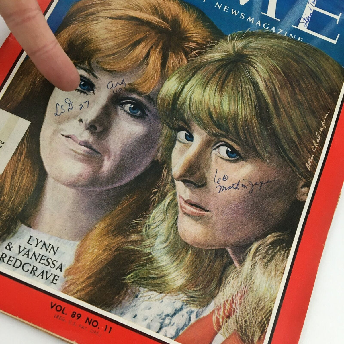 Detailed view of Time Magazine March 17, 1967, Vol. 89 No. 11 cover featuring Lynn and Vanessa Redgrave, including visible handwritten notes on the images.