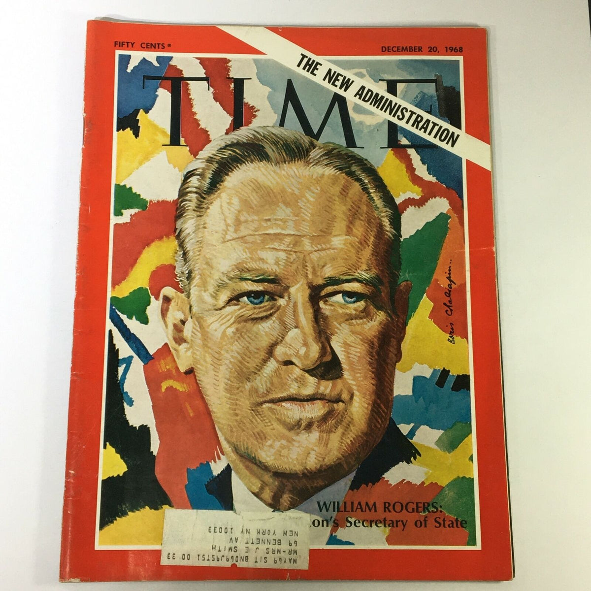 Cover of VTG Time Magazine from December 20, 1968 featuring William Rogers as Secretary of State, illustrated with vibrant colors and artistic design, showcasing historical significance and a glimpse into late 1960s politics.