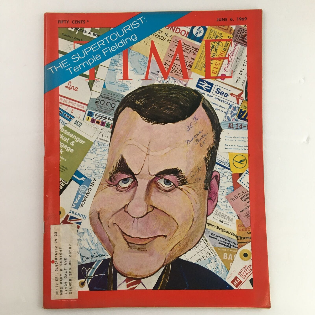 Cover of Time Magazine from June 6, 1969, featuring a caricature of Temple Fielding with the headline 'THE SUPERTOURIST' and various travel ticket visuals in the background.