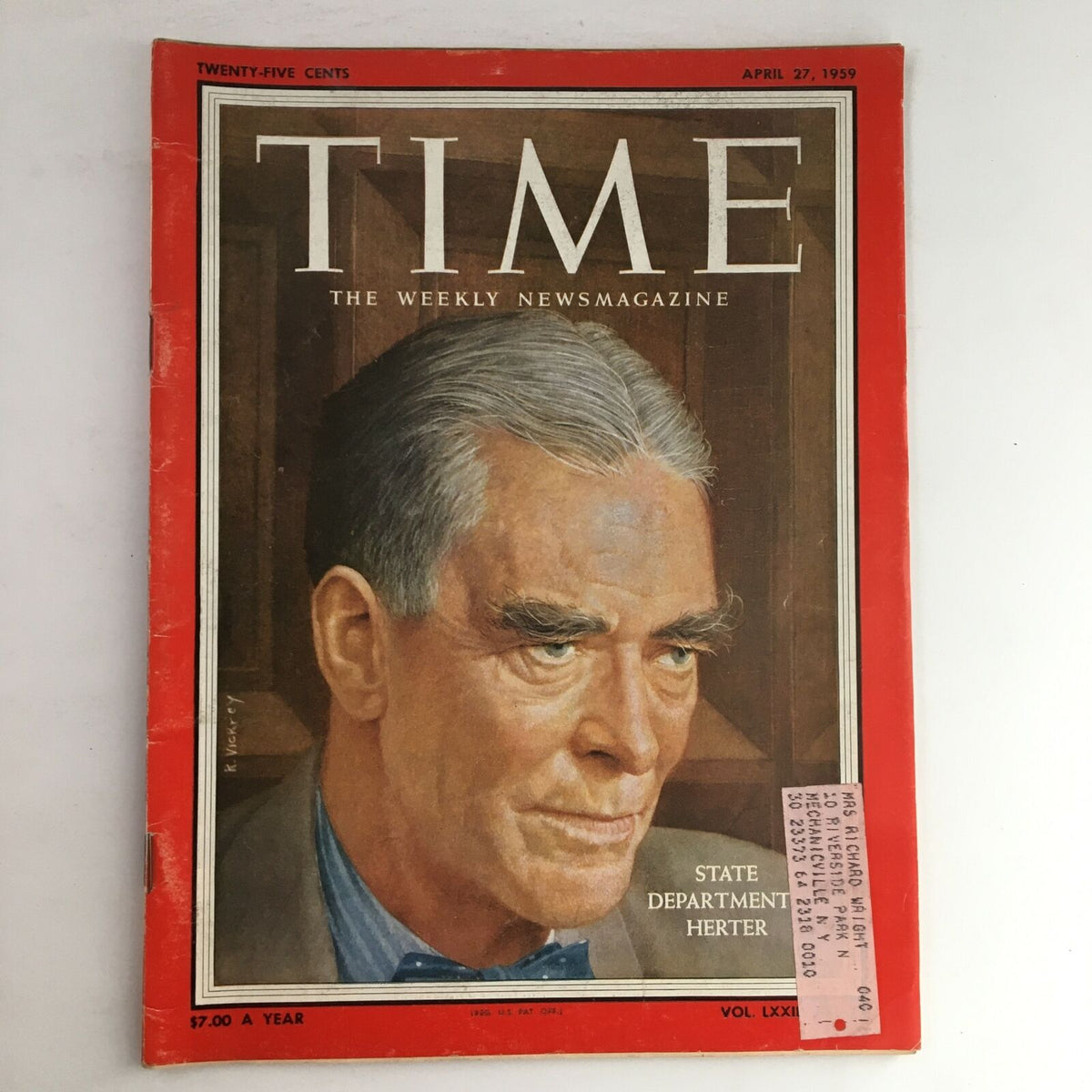 Time Magazine April 27 1959, Vol. 73 No. 17 cover featuring U.S. Secretary of State Christian A. Herter, showcasing his portrait with the headline 'State Department Herter'. Ideal for collectors and history enthusiasts.