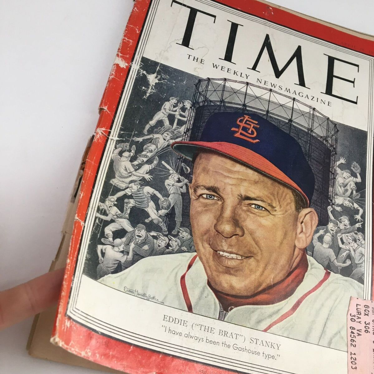 Close-up of the Time Magazine cover from April 28, 1952, featuring Eddie 'The Brat' Stanky with an inscription highlighting his quote, adding to the magazine's nostalgic sports appeal.
