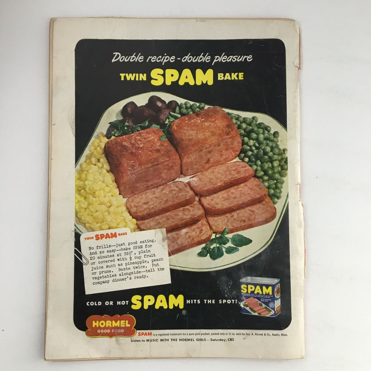 Vintage advertisement for Twin Spam Bake in Time Magazine, showcasing a dish with Spam, corn, peas, and a can of Spam. Part of the Time Magazine April 28 1952 issue featuring Eddie 'The Brat' Stanky.