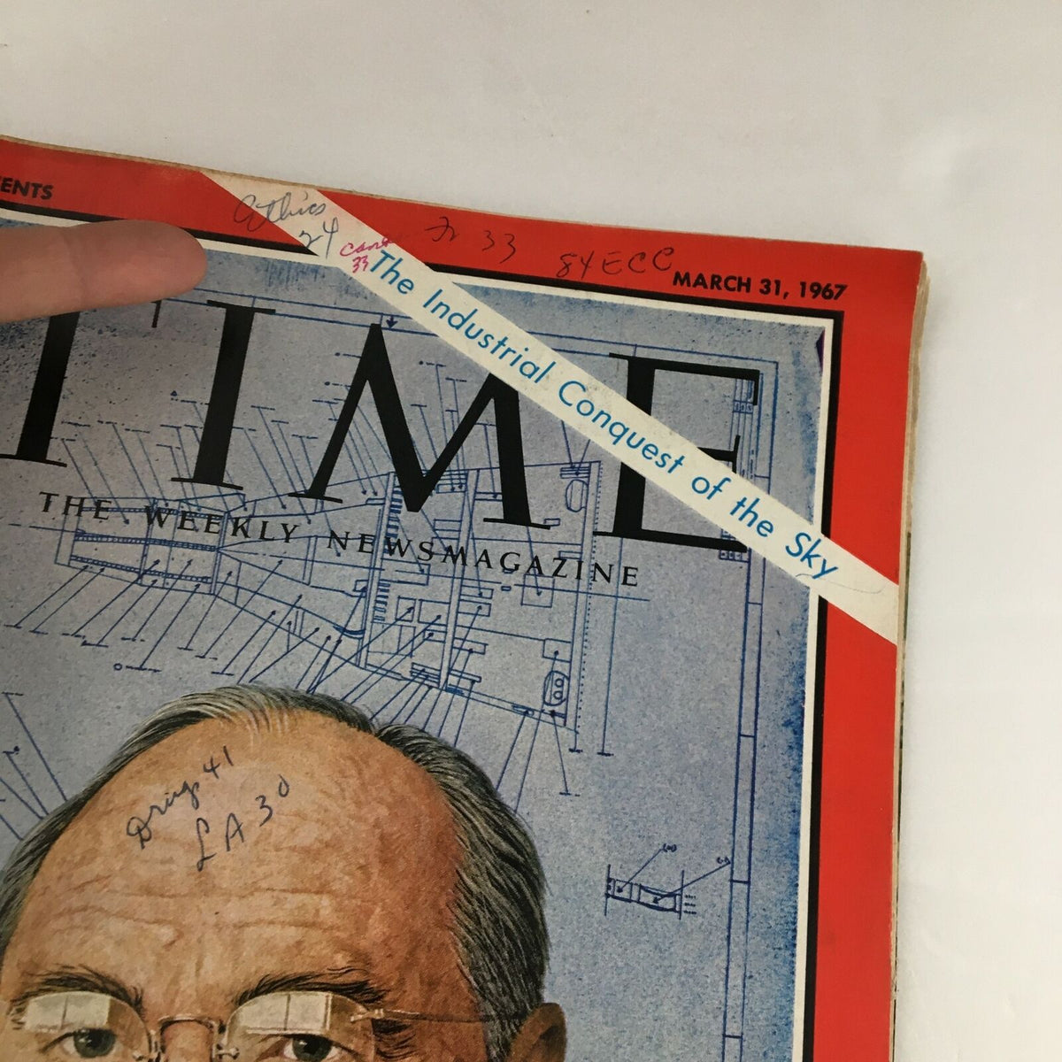 Close-up view of the Time Magazine March 31 1967 cover showing Aero Spaceman James McDonnell, with visible handwritten annotations and a promotional ribbon.
