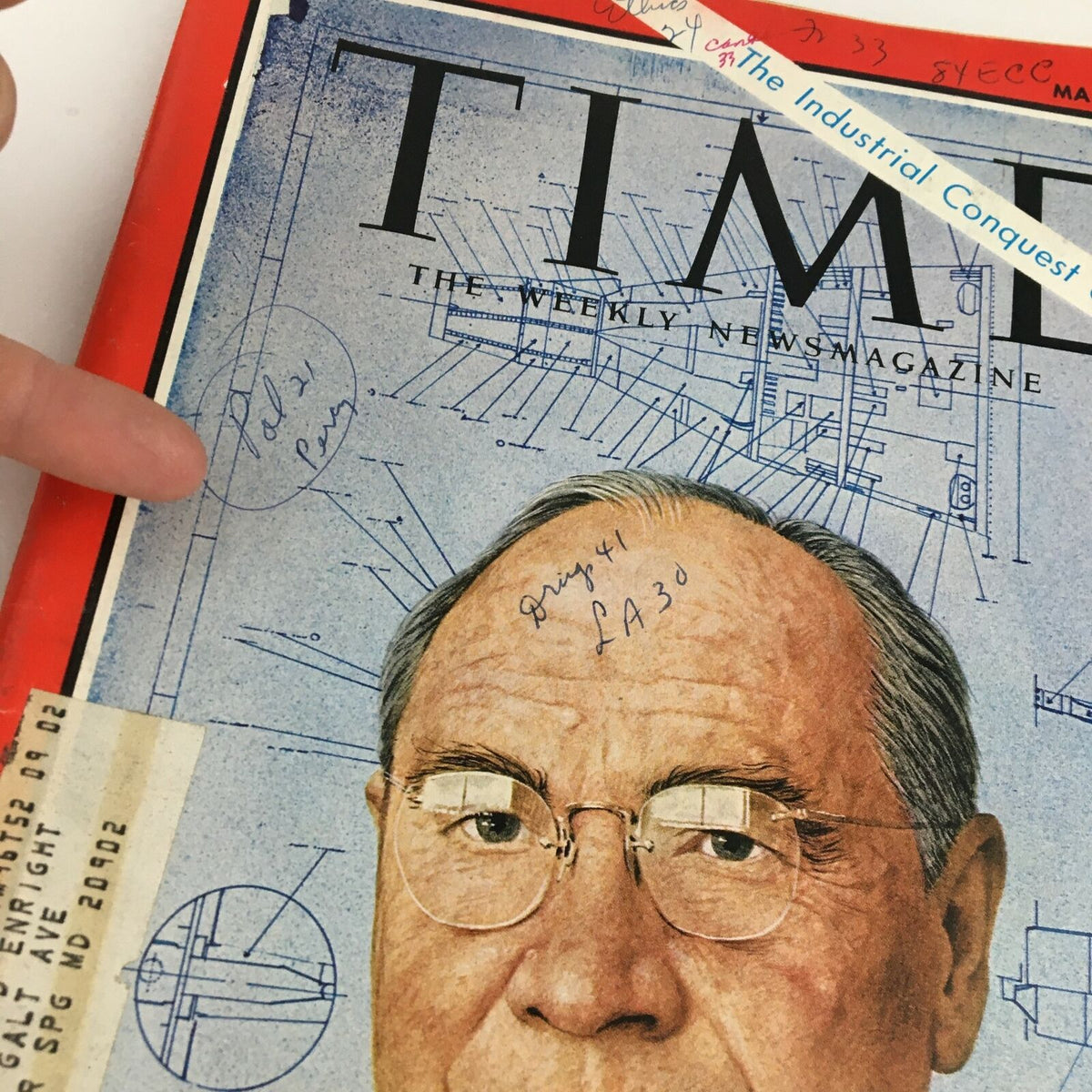 Detailed close-up of the Time Magazine March 31 1967 cover featuring Aero Spaceman James McDonnell, highlighting handwritten notes and a price tag.