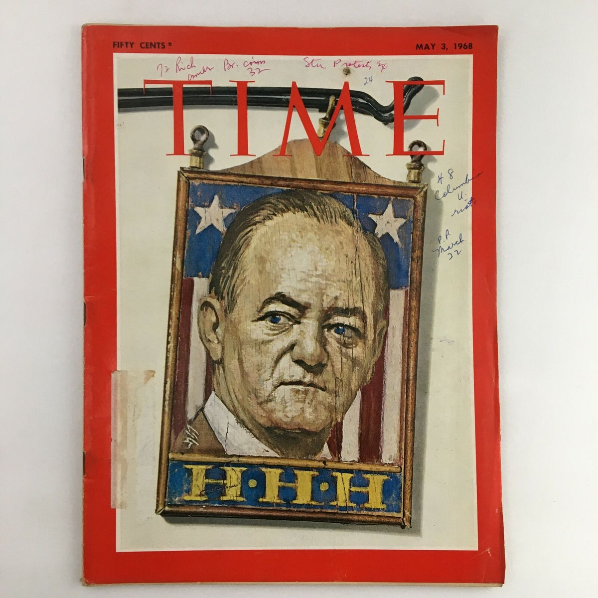 Cover of Time Magazine dated May 3, 1968, Vol. 91 No. 18 featuring artwork of Hubert Horatio Humphrey with patriotic background.