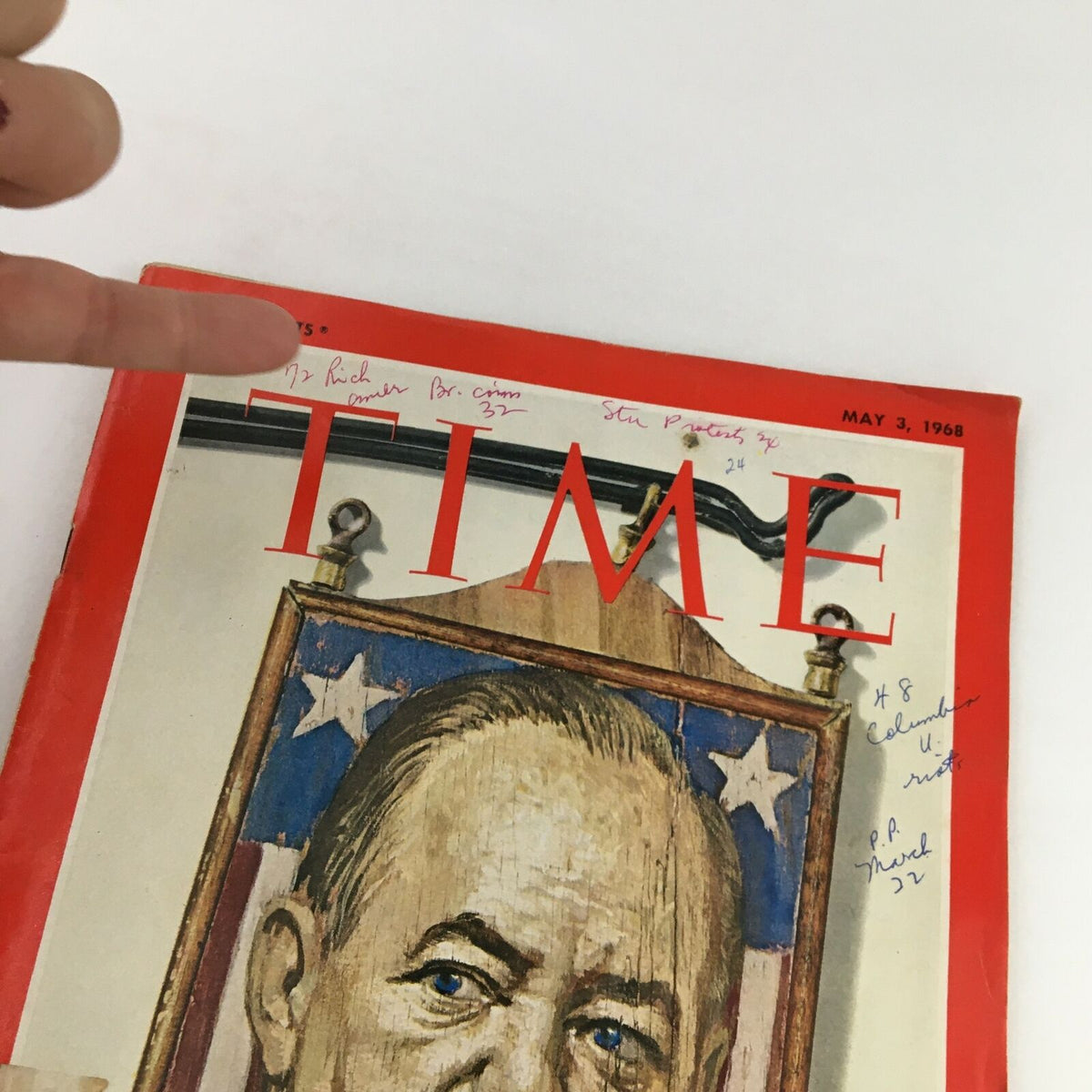 Close-up view of the Time Magazine cover dated May 3, 1968, highlighting inscriptions and details around the artwork of Hubert Horatio Humphrey.