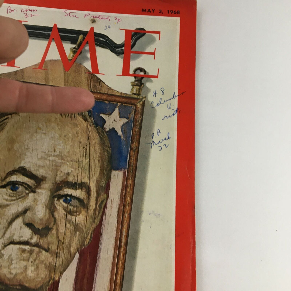 Detailed image of the Time Magazine cover from May 3, 1968, focusing on handwritten notes near the artwork of Hubert Horatio Humphrey.