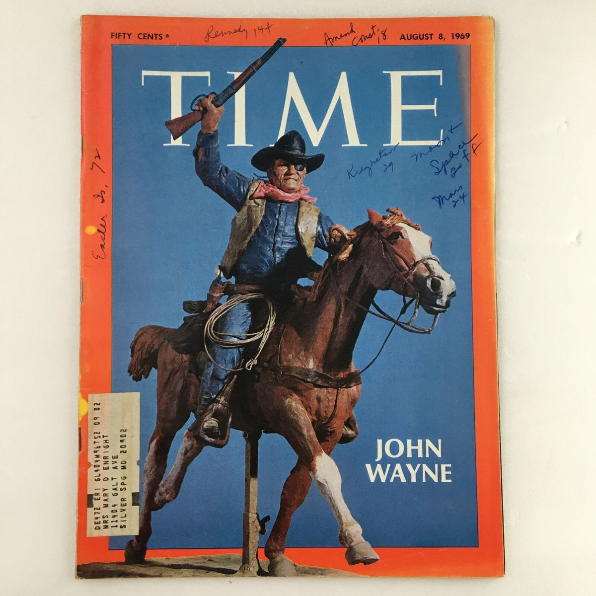 Time Magazine August 8 1969 cover featuring actor John 'Duke' Wayne, showcasing him on horseback holding a rifle, reflecting the iconic style of Americana in the late 1960s.