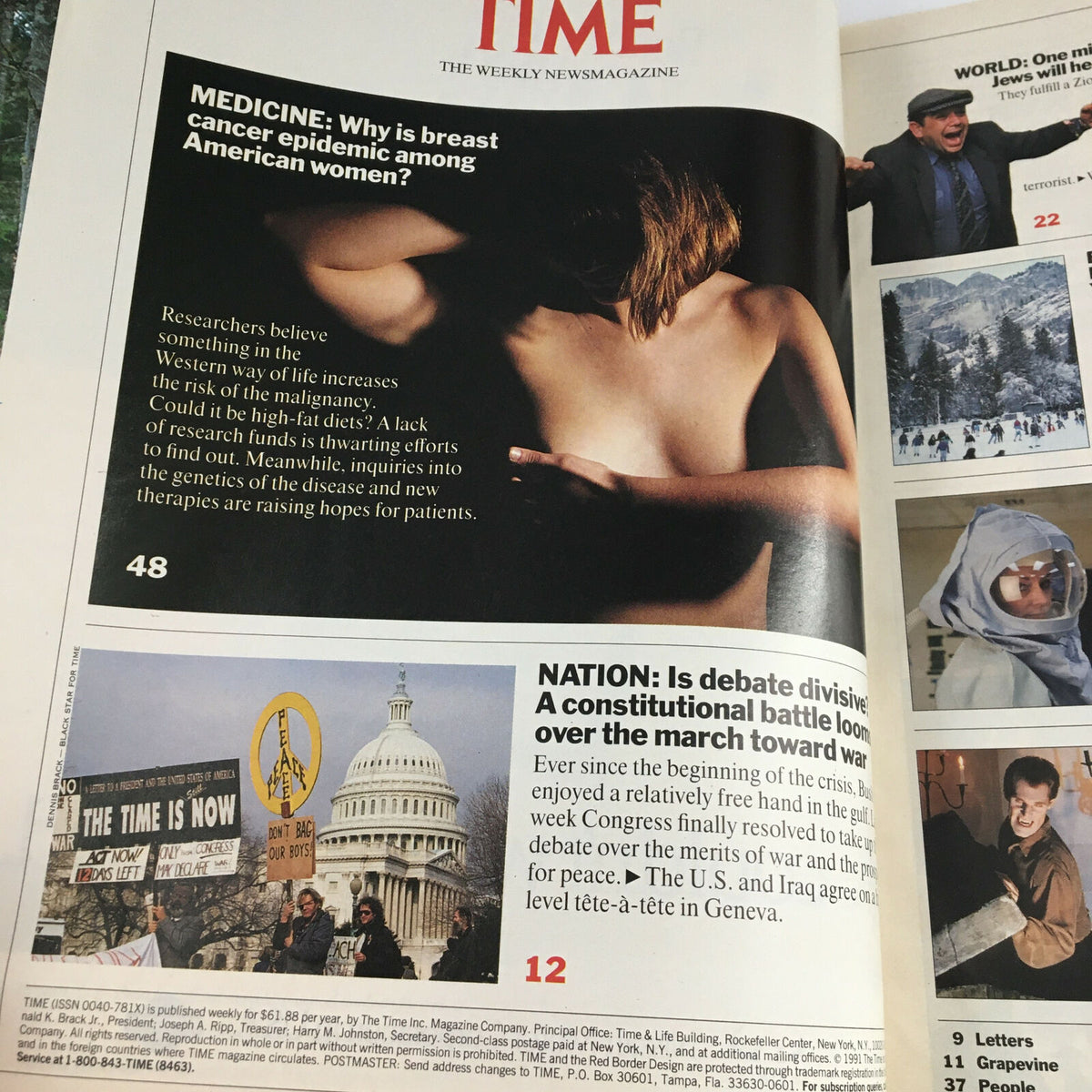 Time Magazine January 14 1991 cover featuring an article on breast cancer epidemic among American women alongside the Capitol building and headlines discussing U.S. military actions and international diplomacy.
