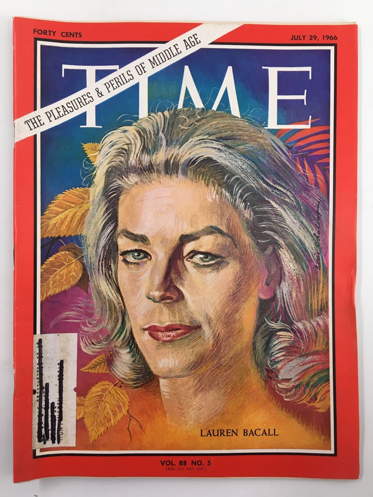 Vintage Time Magazine cover from July 29, 1966, featuring Lauren Bacall, focusing on the theme 'Perils of Middle Age', Volume 88, Number 5.