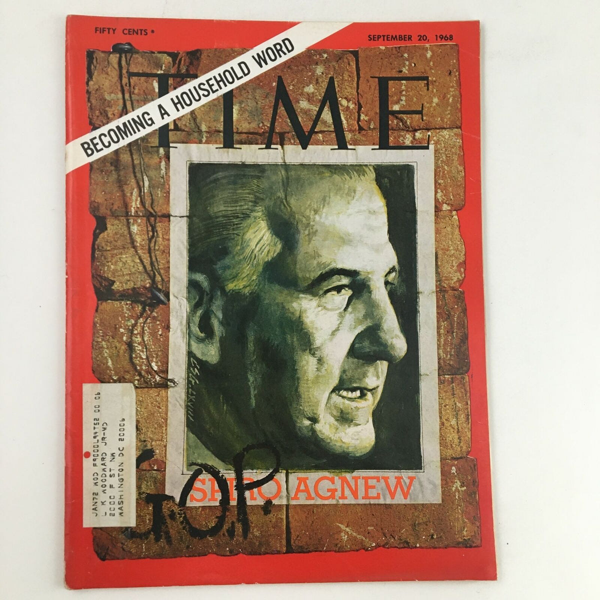 Time Magazine September 20 1968 Vol. 92 No. 12 featuring Spiro Theodore Agnew on the cover, showcasing his portrait against a brick background with a vintage appeal.